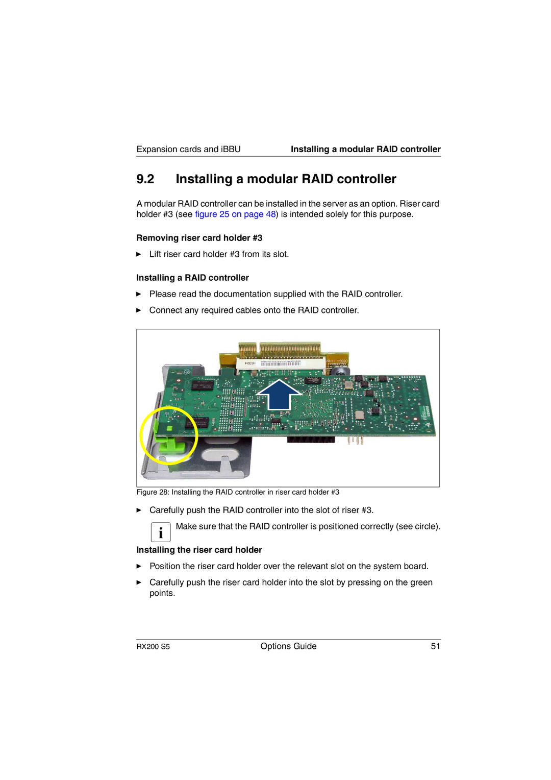 Fujitsu RX200 S5 manual Installing a modular RAID controller, Expansion cards and iBBU, Removing riser card holder #3 