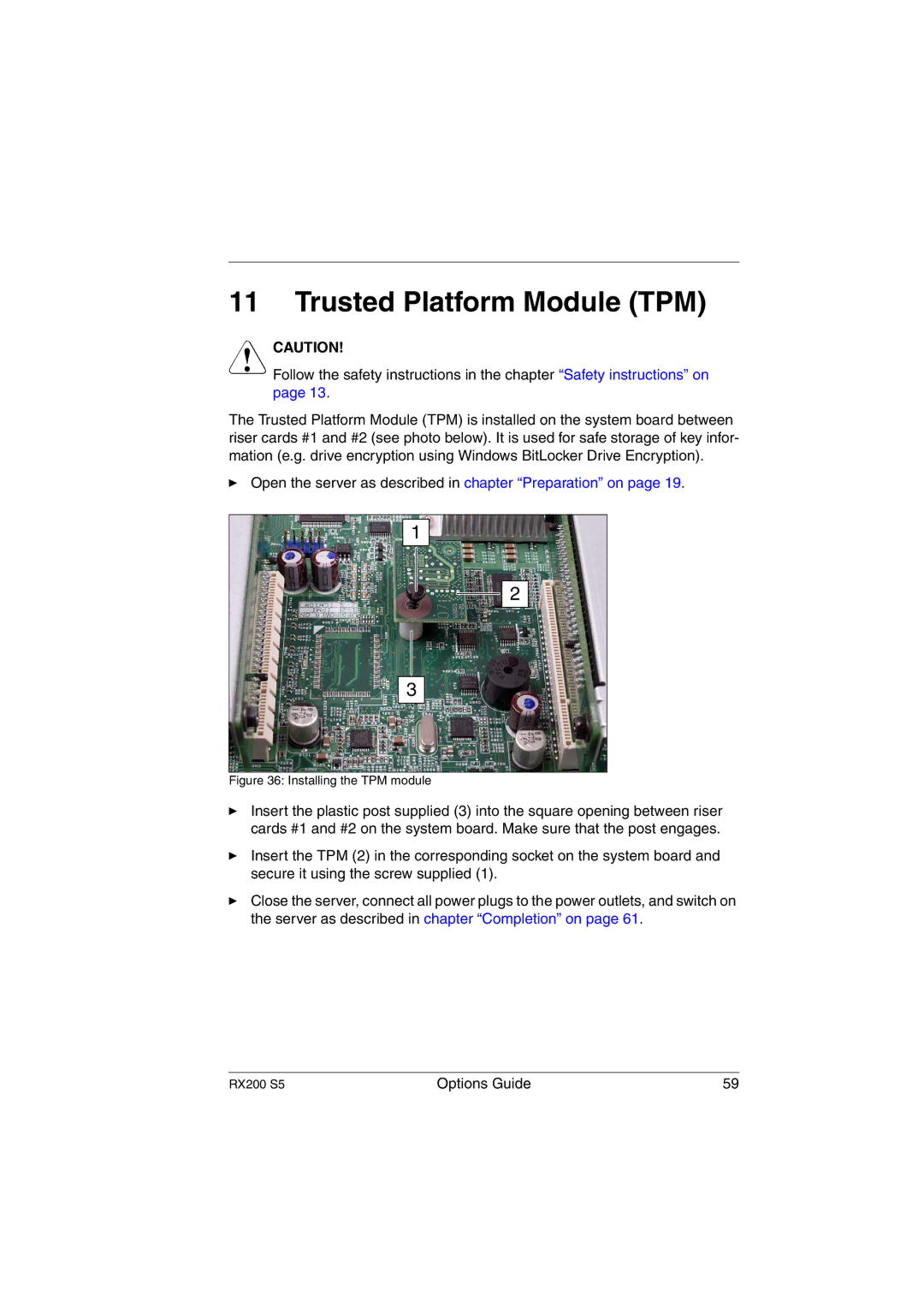 Fujitsu RX200 S5 manual Trusted Platform Module TPM, Installing the TPM module 