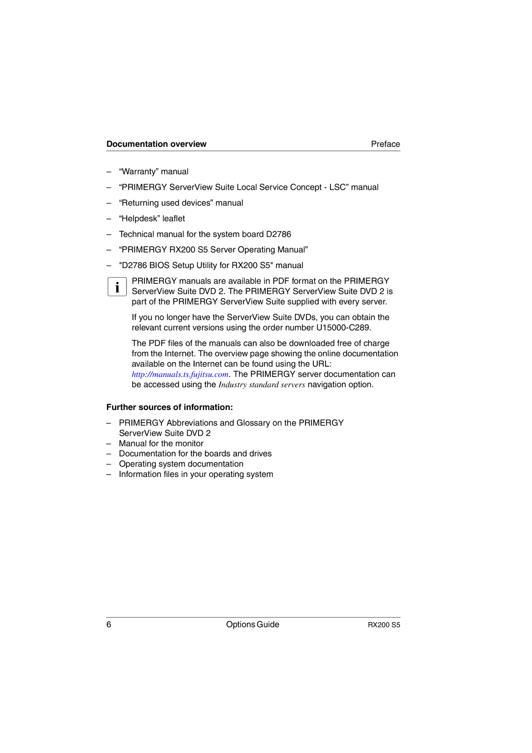 Fujitsu RX200 S5 manual Documentation overview Preface, Further sources of information 