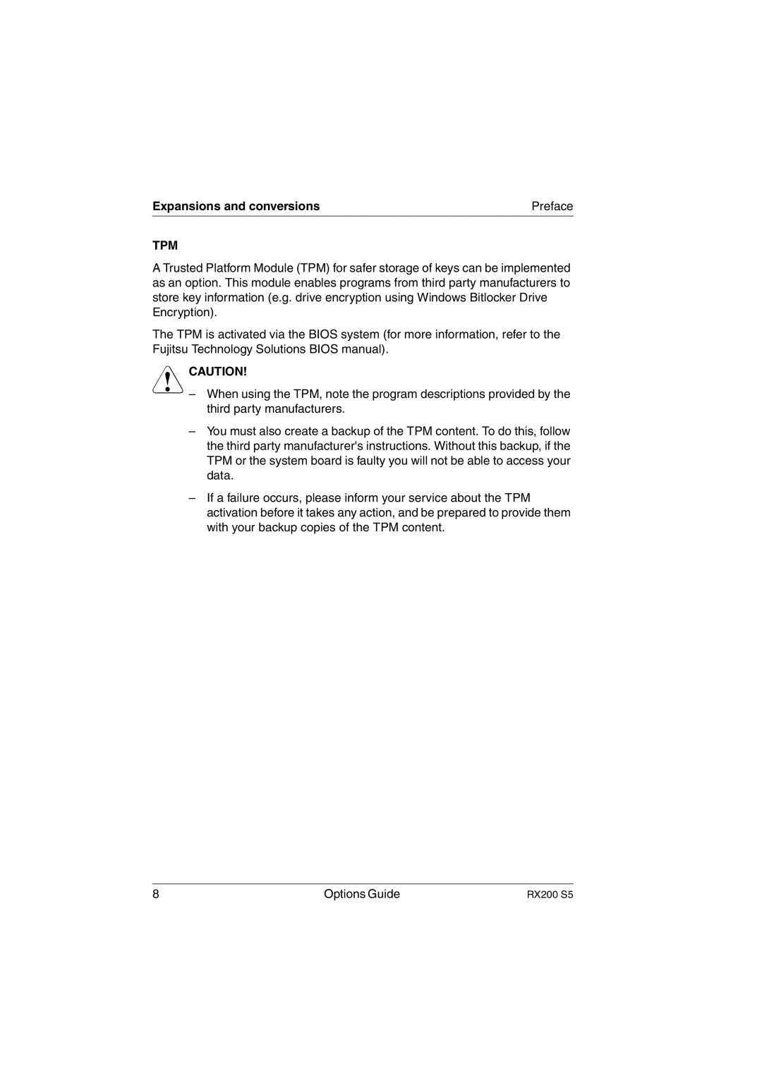 Fujitsu RX200 S5 manual Expansions and conversions Preface, Tpm 