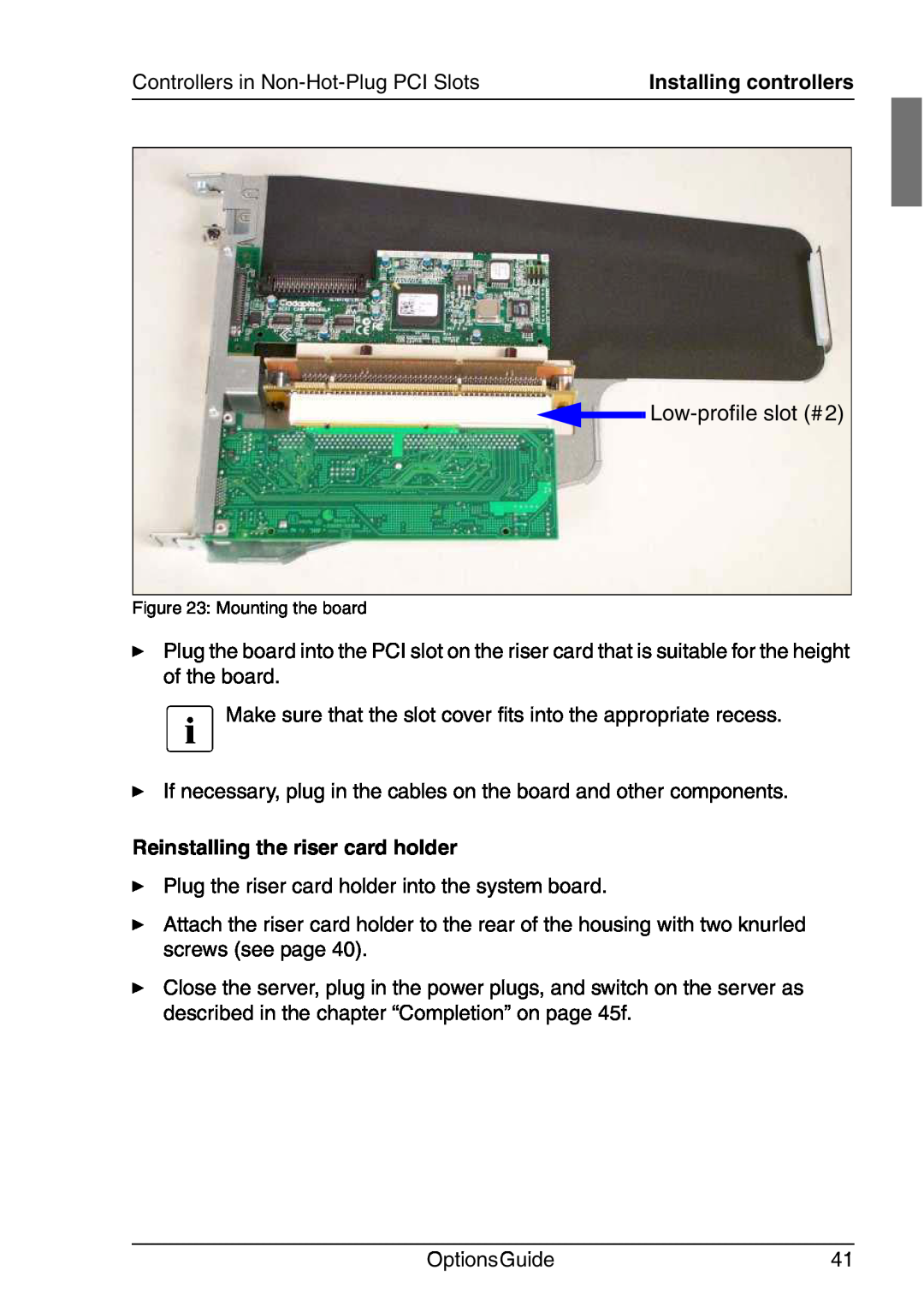 Fujitsu RX200 manual Reinstalling the riser card holder, Installing controllers 