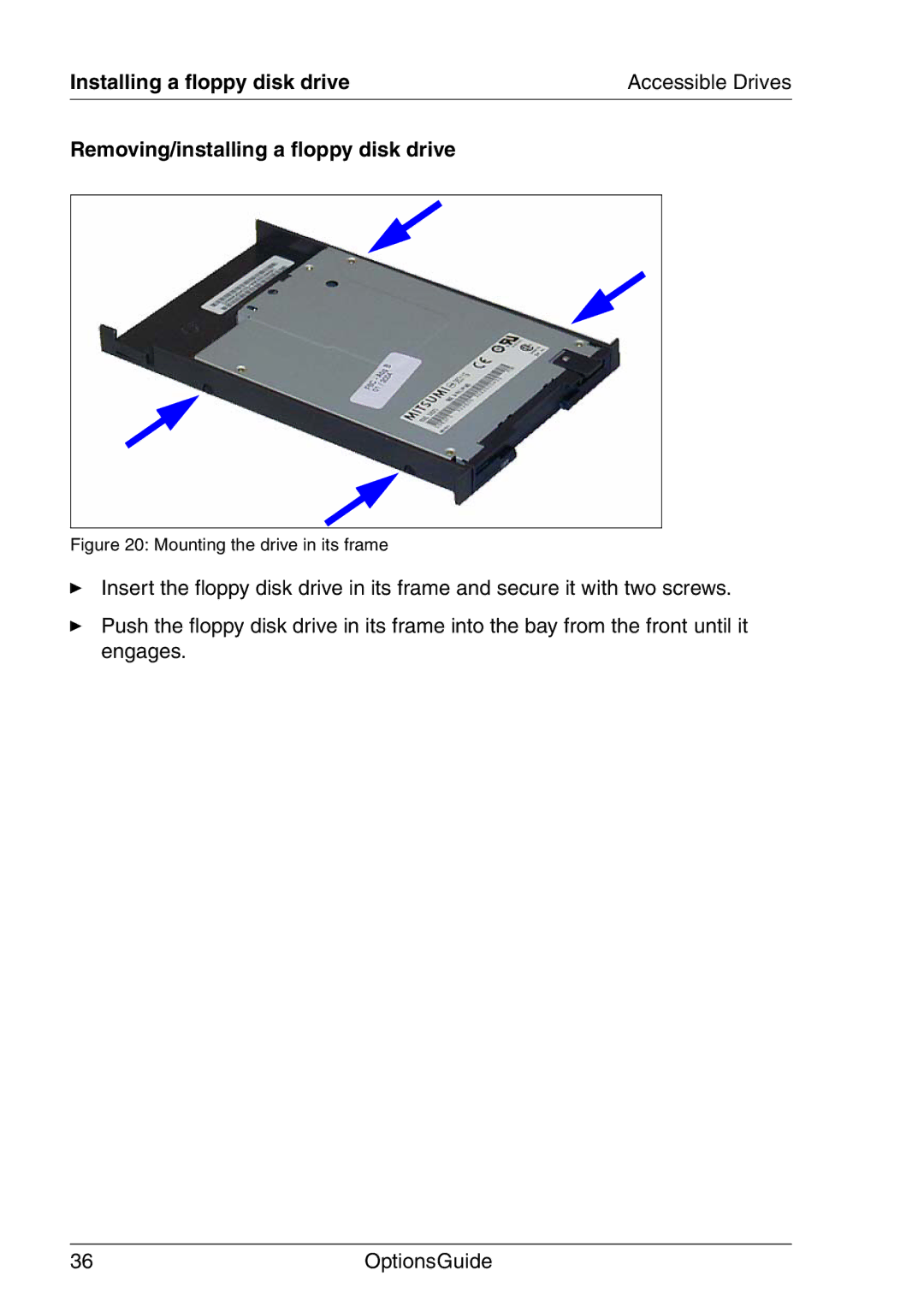 Fujitsu RX200 manual Installing a floppy disk drive, Removing/installing a floppy disk drive 