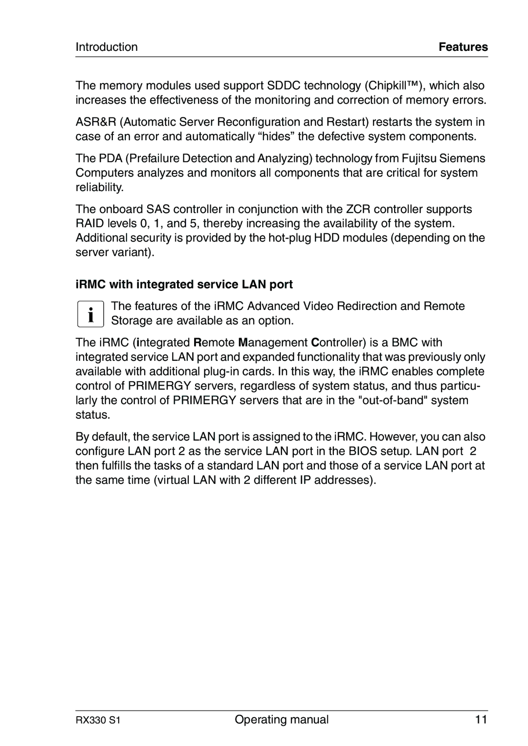 Fujitsu RX330 manual IRMC with integrated service LAN port 