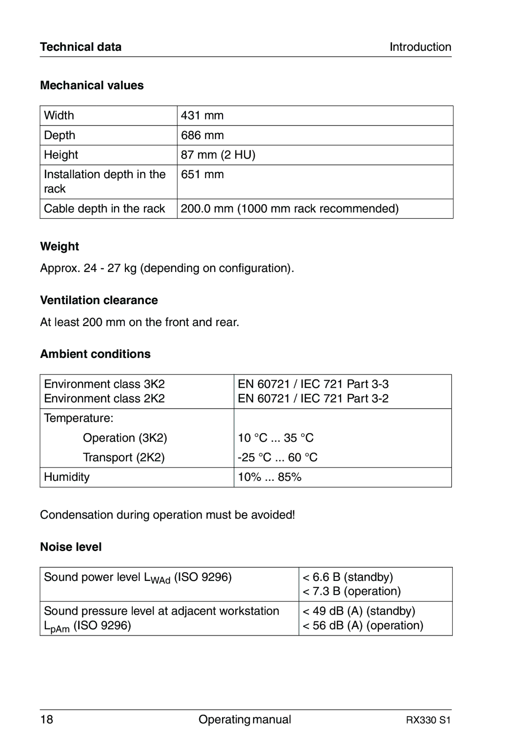 Fujitsu RX330 manual Technical data, Mechanical values, Weight, Ventilation clearance, Ambient conditions, Noise level 