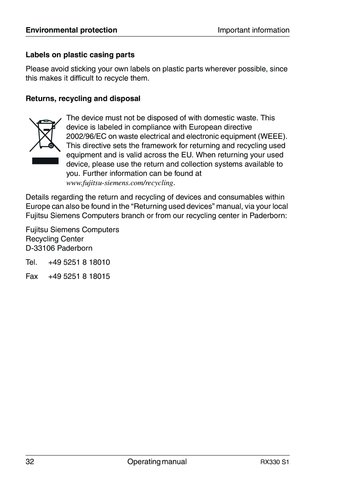 Fujitsu RX330 manual Environmental protection, Labels on plastic casing parts, Returns, recycling and disposal 