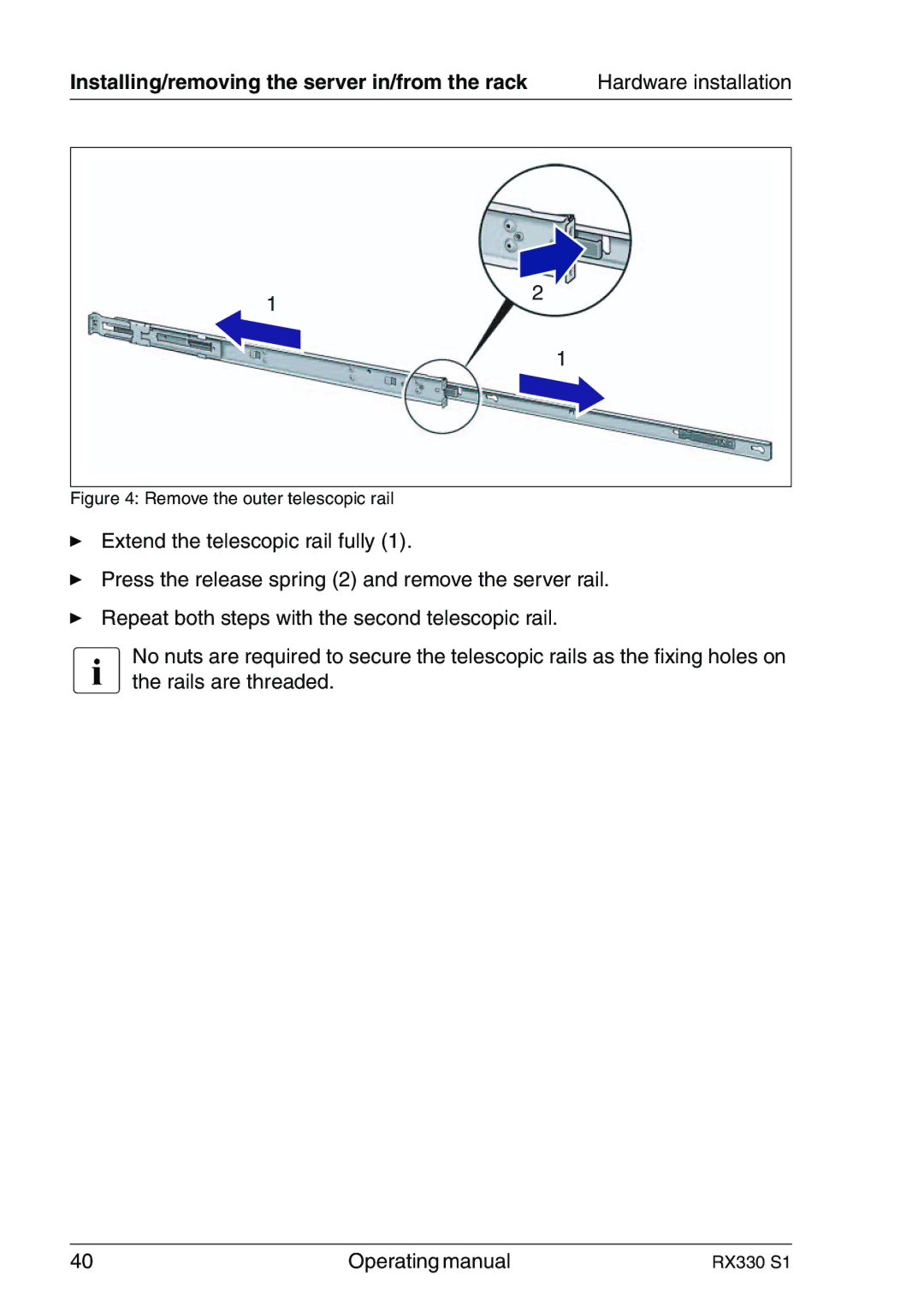 Fujitsu RX330 manual Remove the outer telescopic rail 