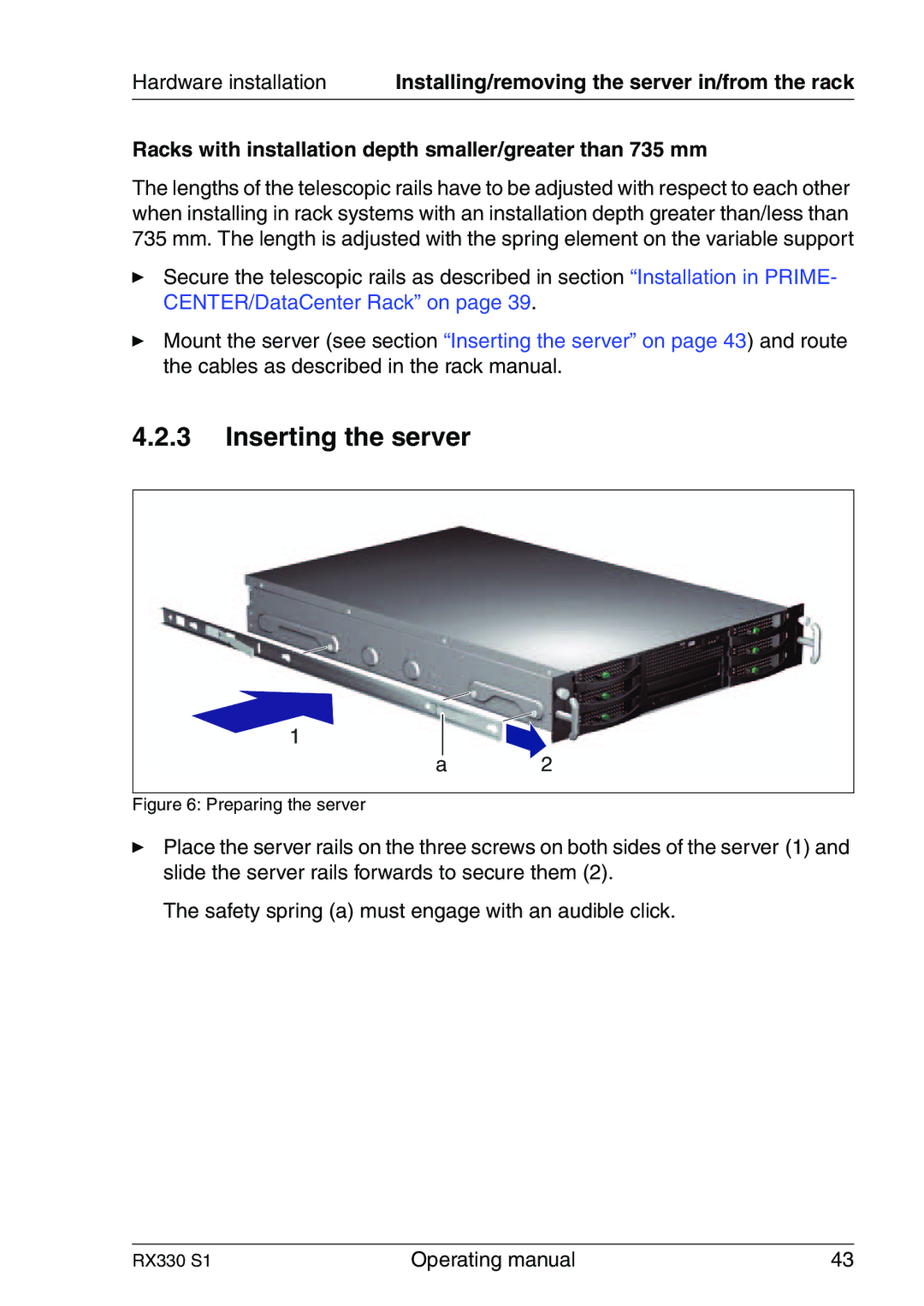 Fujitsu RX330 manual Inserting the server, Preparing the server 