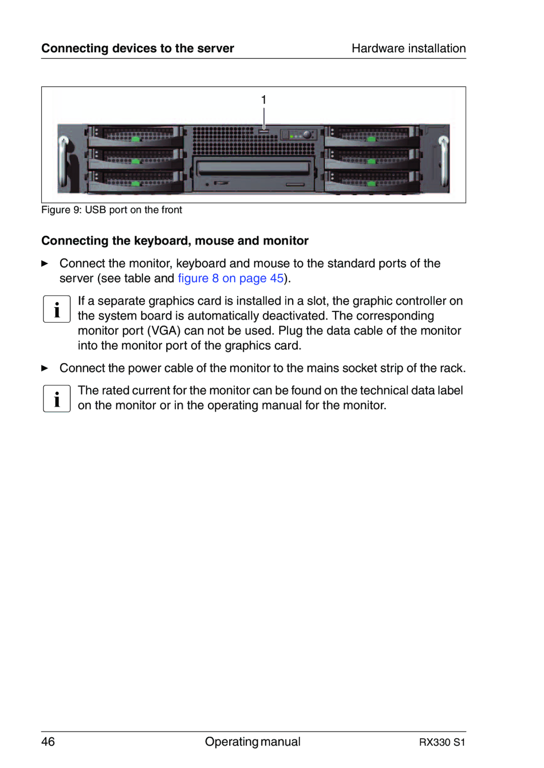 Fujitsu RX330 manual Connecting devices to the server, Connecting the keyboard, mouse and monitor 