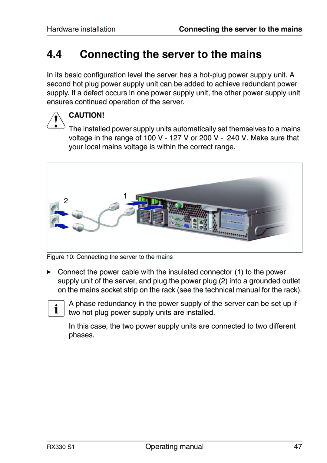 Fujitsu RX330 manual Connecting the server to the mains 