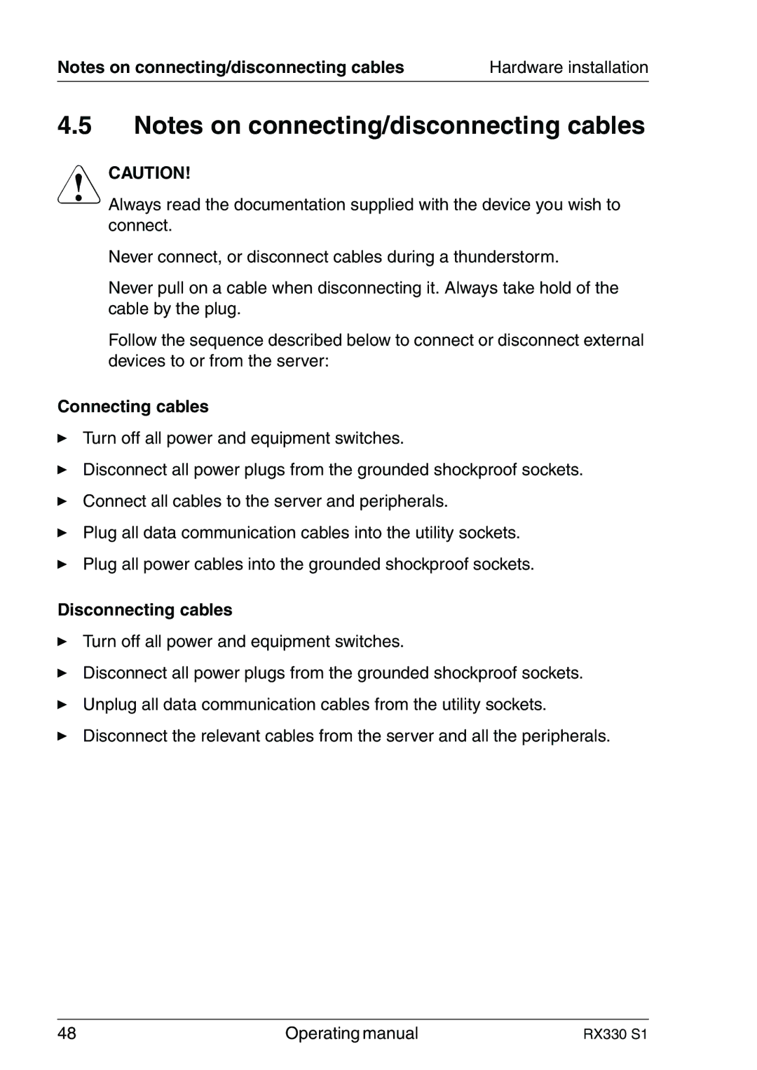 Fujitsu RX330 manual Connecting cables, Disconnecting cables 