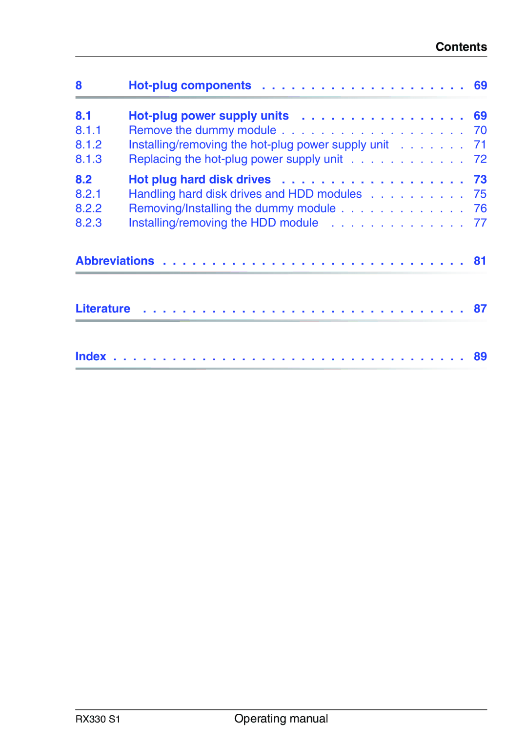 Fujitsu RX330 manual Abbreviations Literature Index 