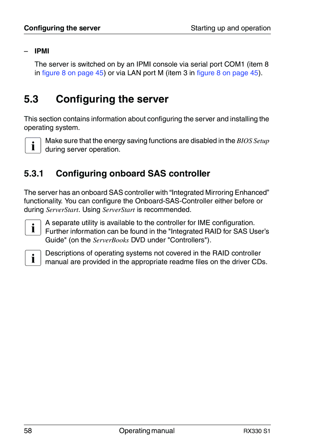 Fujitsu RX330 manual Configuring the server, Configuring onboard SAS controller 