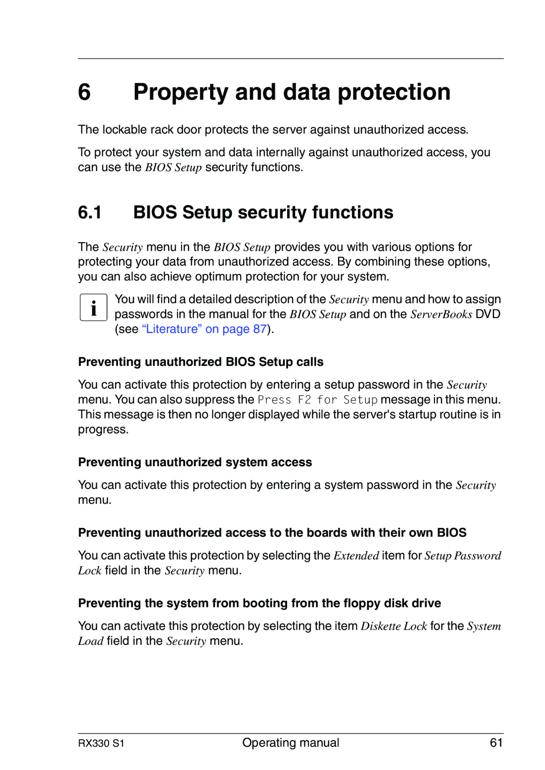 Fujitsu RX330 manual Property and data protection, Bios Setup security functions, Preventing unauthorized Bios Setup calls 