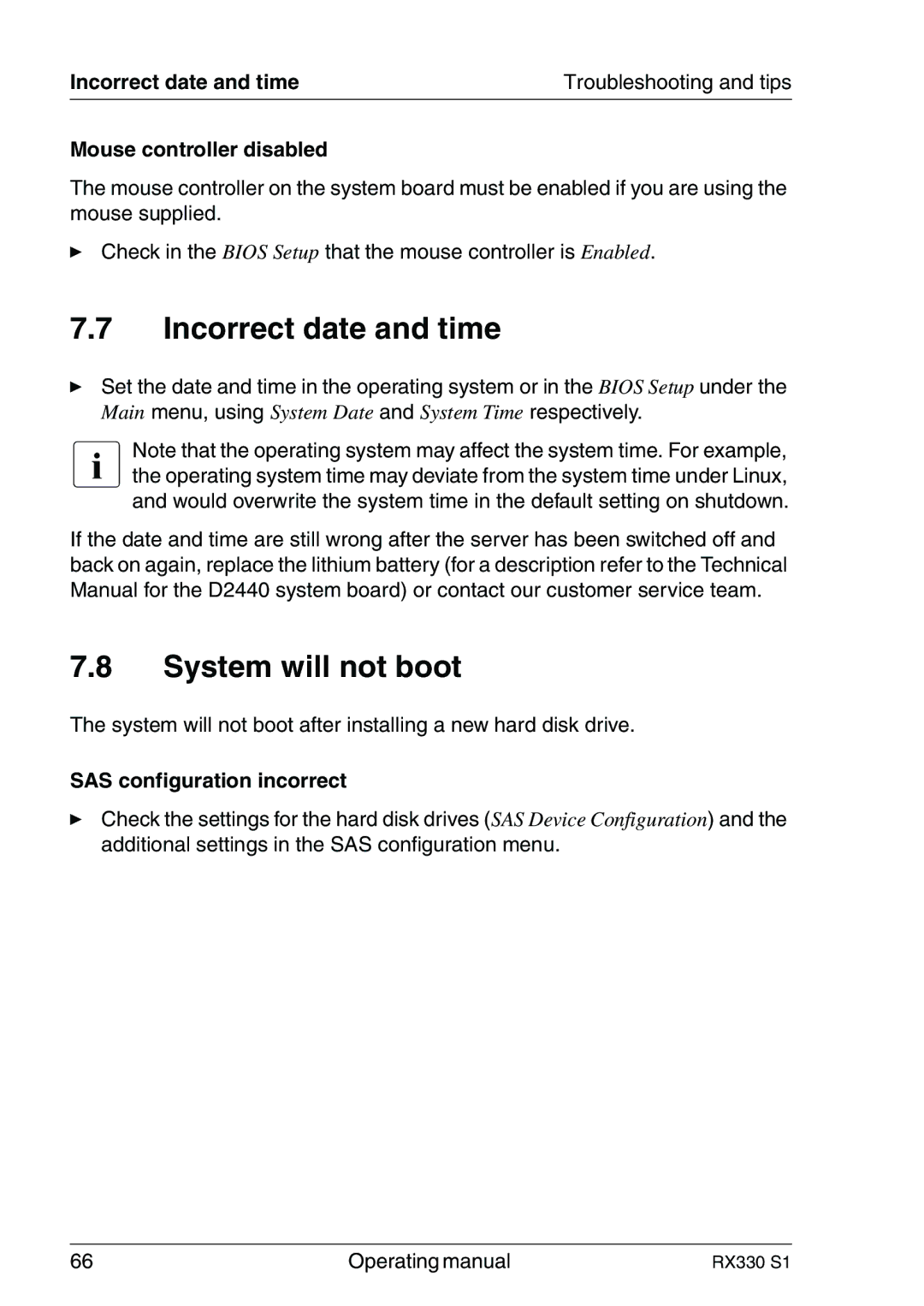 Fujitsu RX330 manual Incorrect date and time, System will not boot, Mouse controller disabled, SAS configuration incorrect 