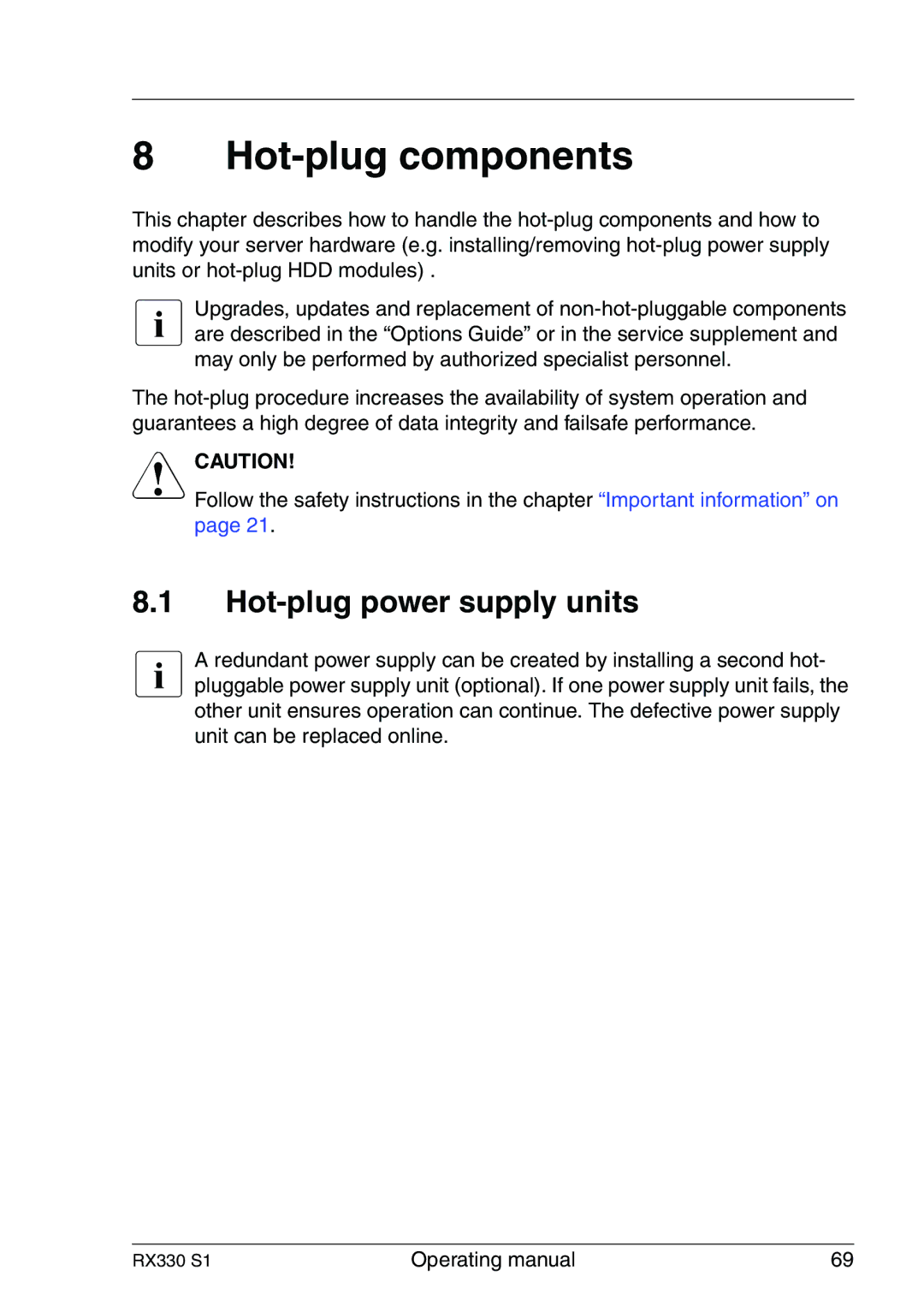 Fujitsu RX330 manual Hot-plug components, Hot-plug power supply units 