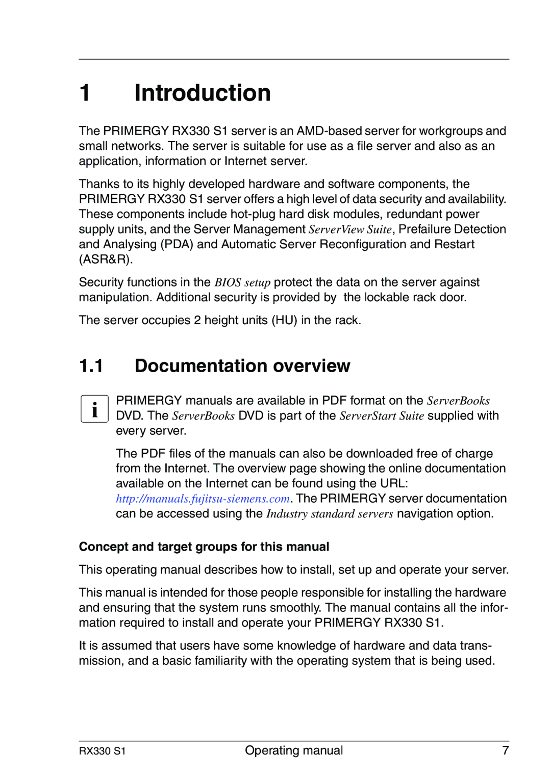 Fujitsu RX330 Introduction, Documentation overview, Concept and target groups for this manual 