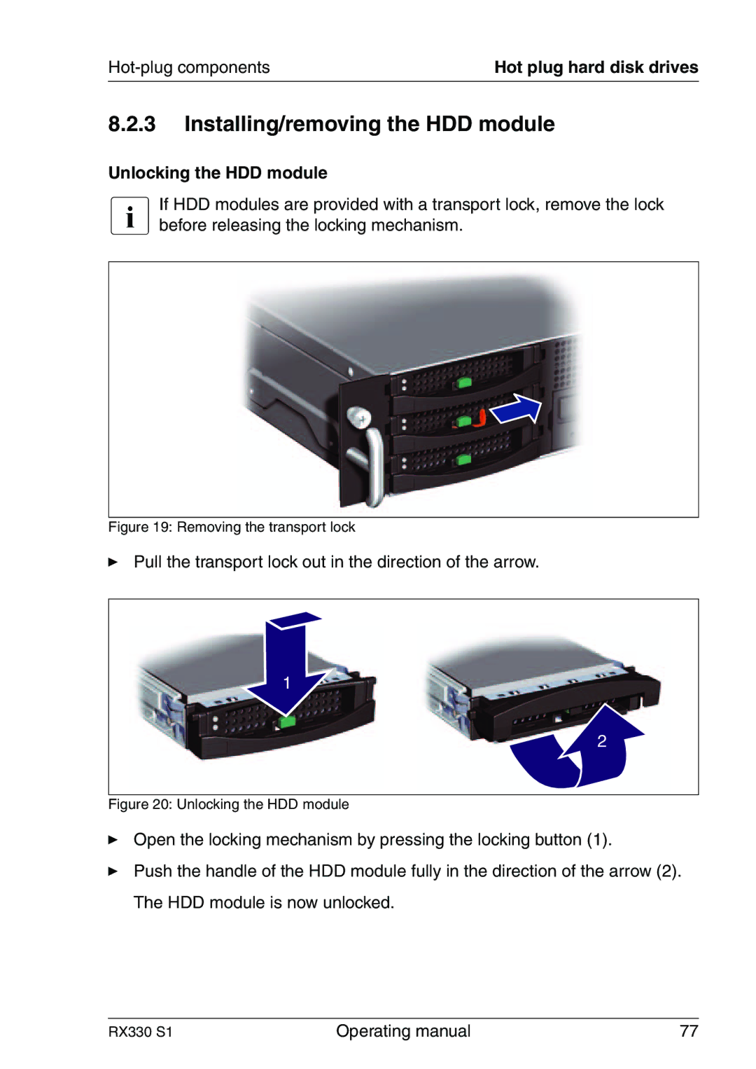 Fujitsu RX330 manual Installing/removing the HDD module, Unlocking the HDD module 