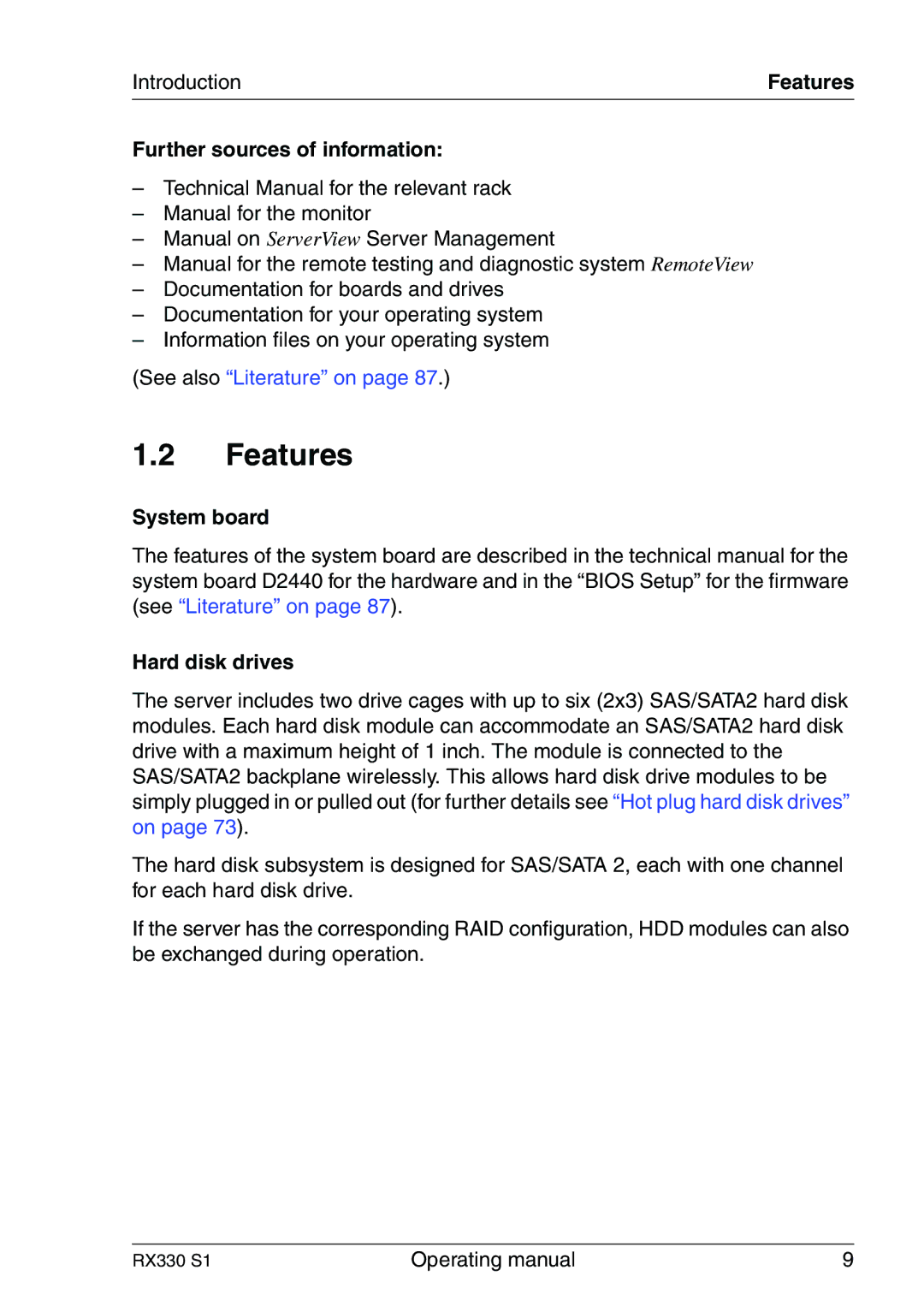 Fujitsu RX330 manual Features, Introduction, Further sources of information, System board, Hard disk drives 