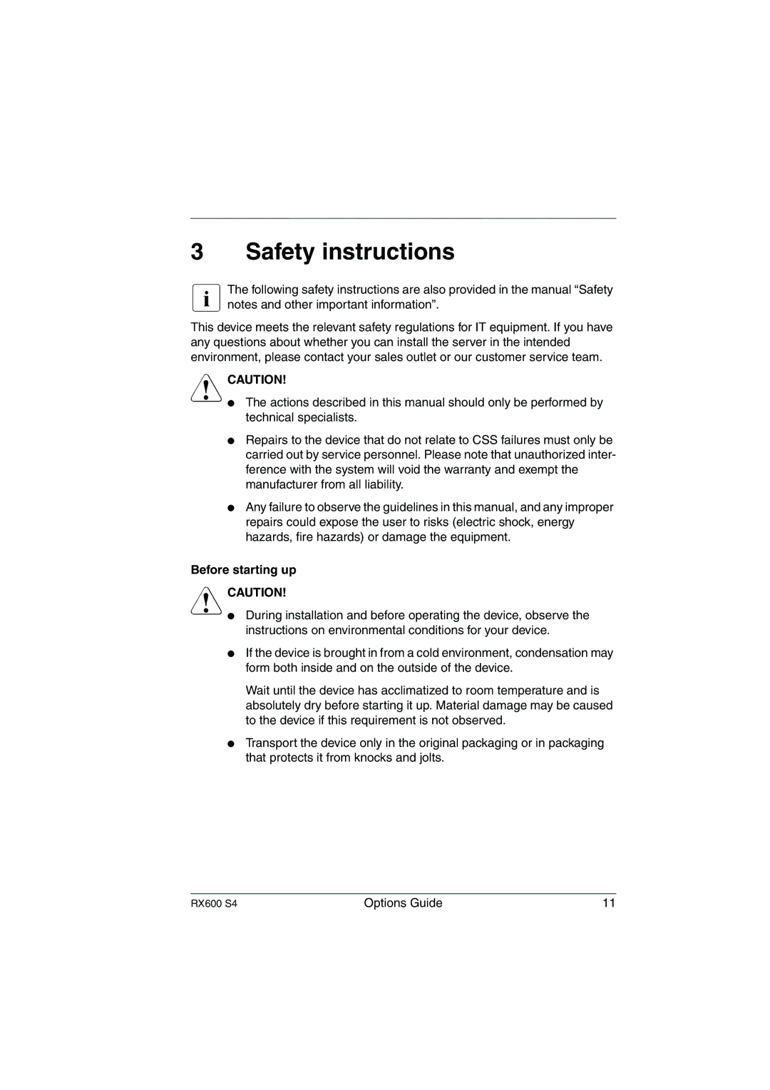 Fujitsu RX600 S4 manual Safety instructions, Before starting up 