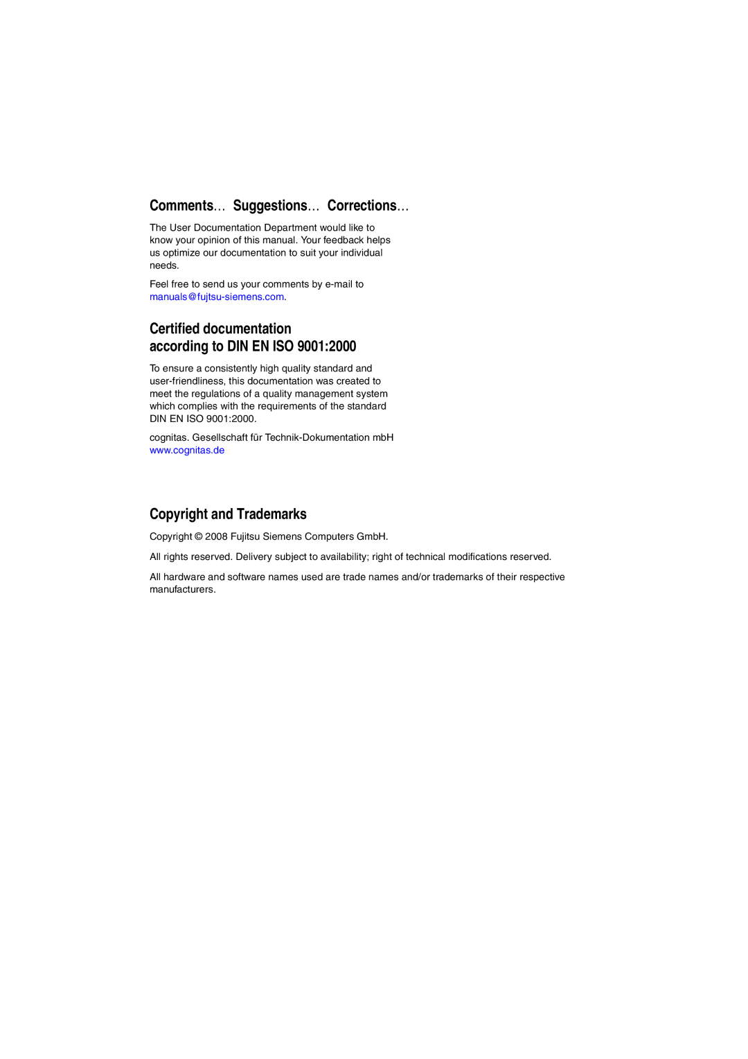 Fujitsu RX600 S4 manual Comments… Suggestions… Corrections…, Certified documentation according to DIN EN ISO 