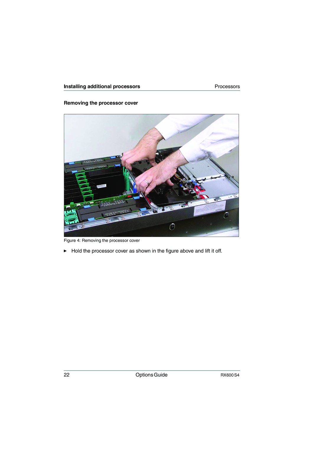 Fujitsu RX600 S4 manual Installing additional processors, Removing the processor cover 