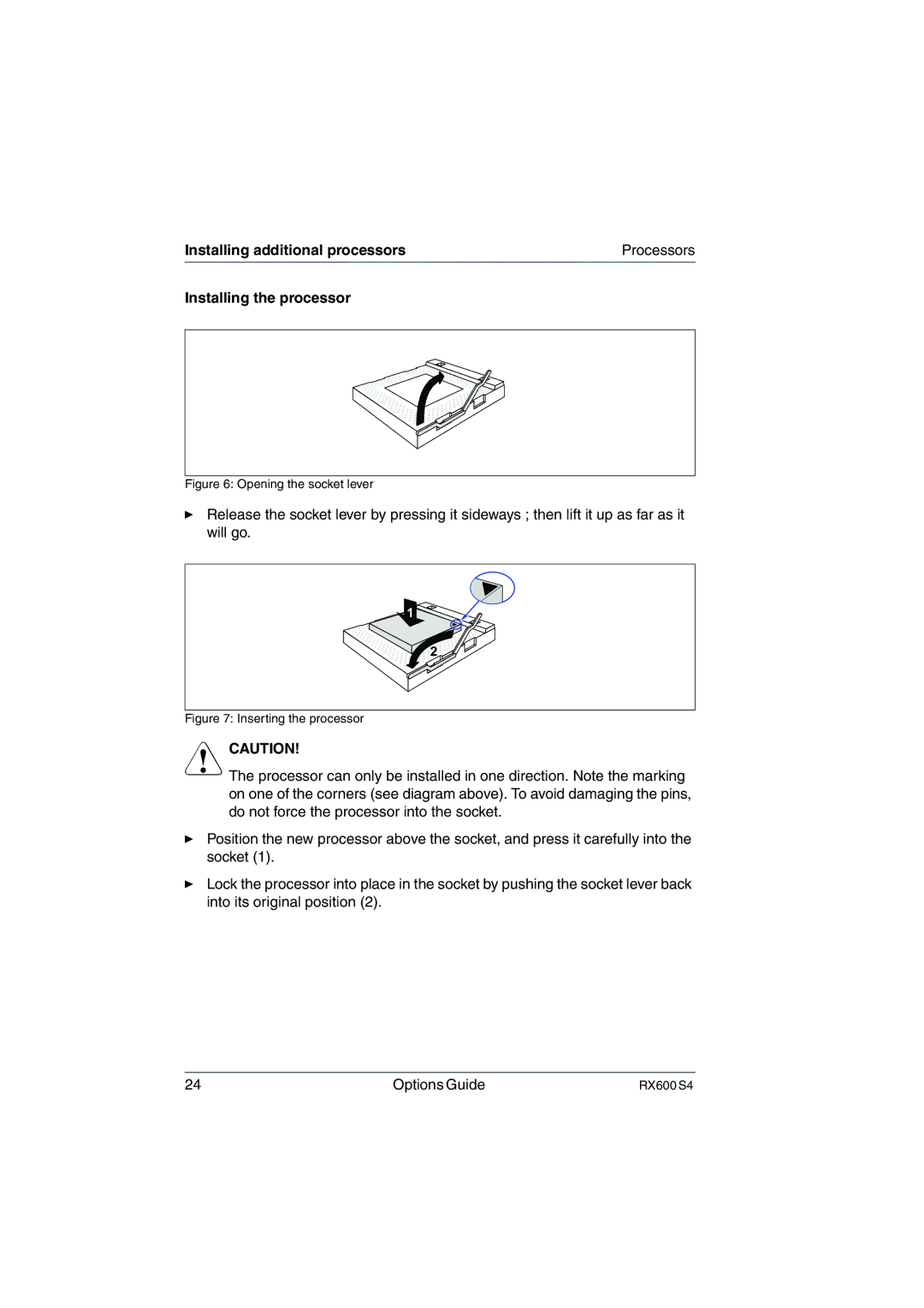 Fujitsu RX600 S4 manual Installing the processor, Opening the socket lever 