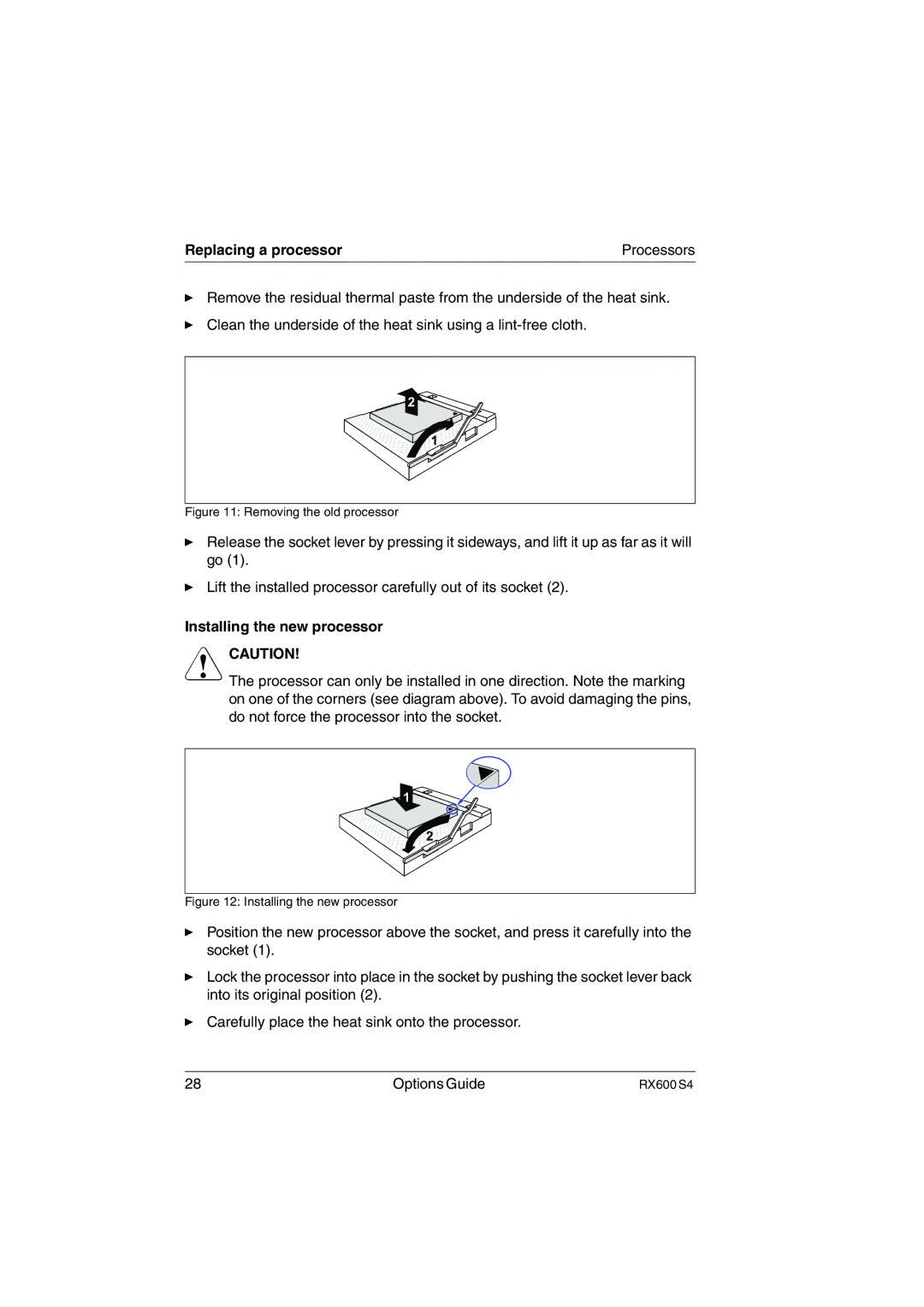Fujitsu RX600 S4 manual Replacing a processor, Installing the new processor 