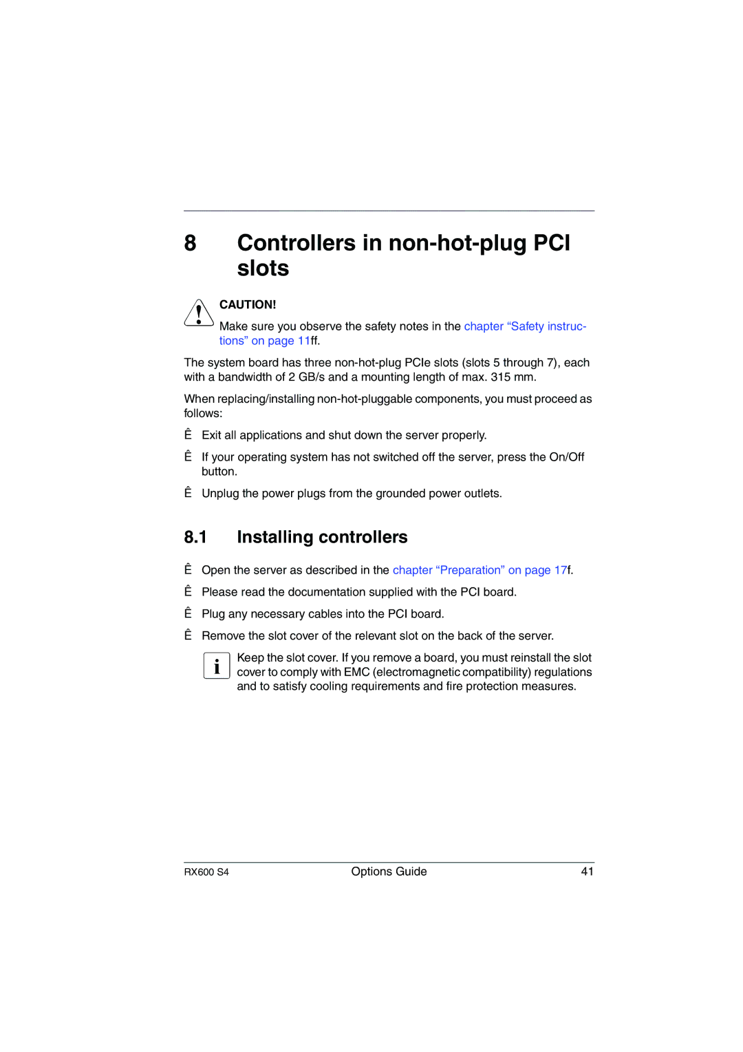 Fujitsu RX600 S4 manual Controllers in non-hot-plug PCI slots, Installing controllers 