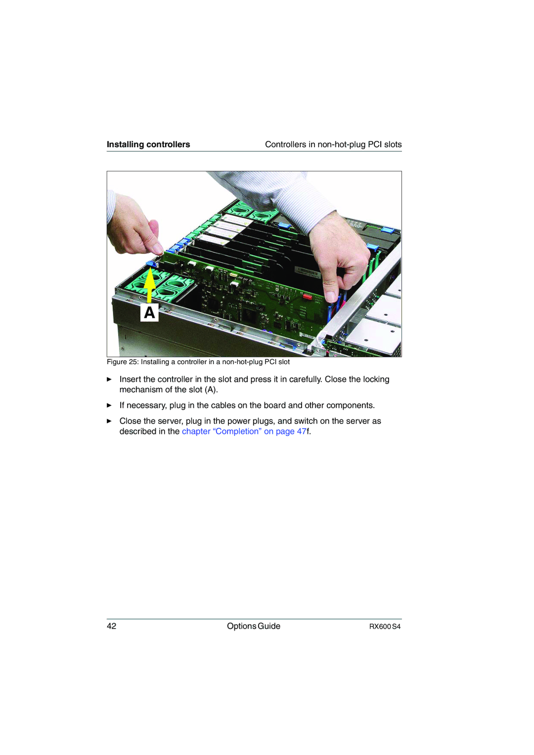 Fujitsu RX600 S4 manual Installing controllers, Installing a controller in a non-hot-plug PCI slot 