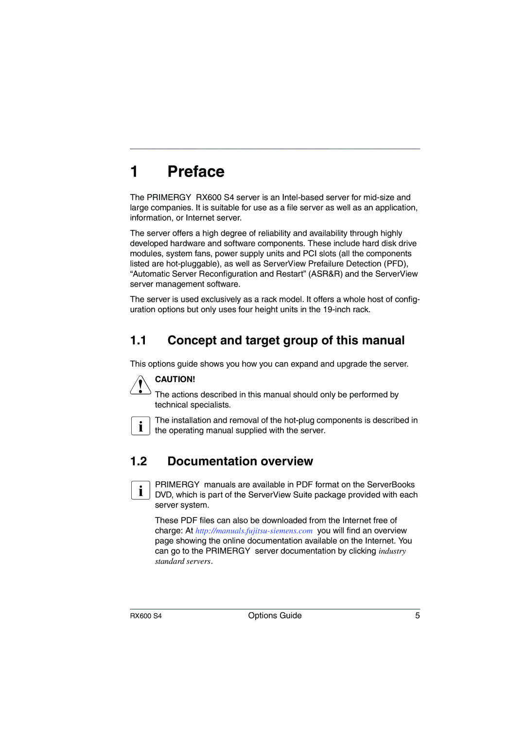 Fujitsu RX600 S4 Preface, Concept and target group of this manual, Documentation overview 