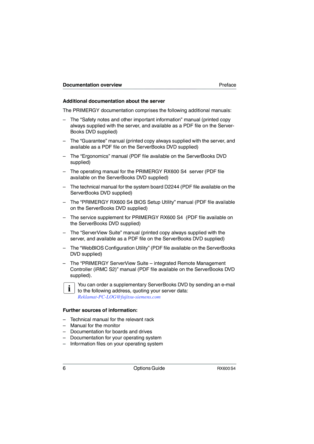 Fujitsu RX600 S4 manual Further sources of information 