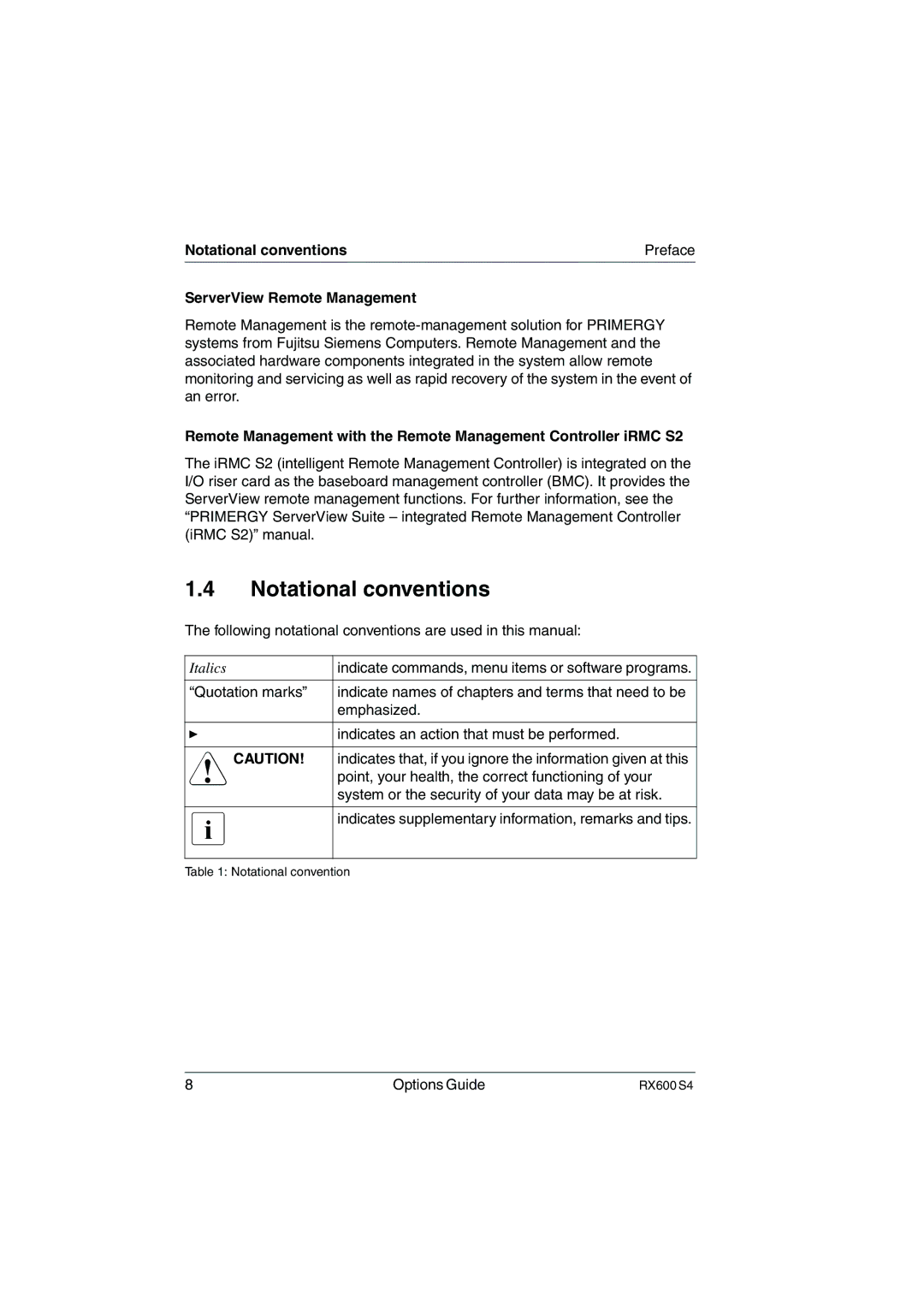 Fujitsu RX600 S4 manual Notational conventions Preface ServerView Remote Management 