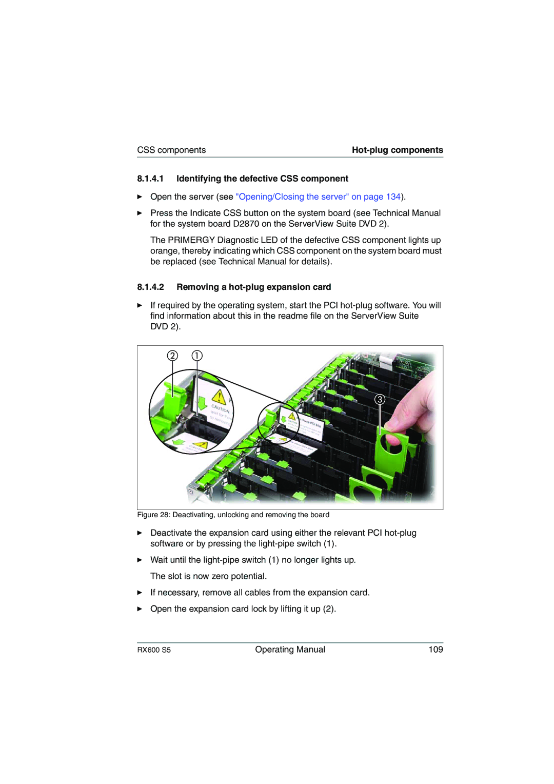 Fujitsu RX600 S5 manual Removing a hot-plug expansion card, Deactivating, unlocking and removing the board 