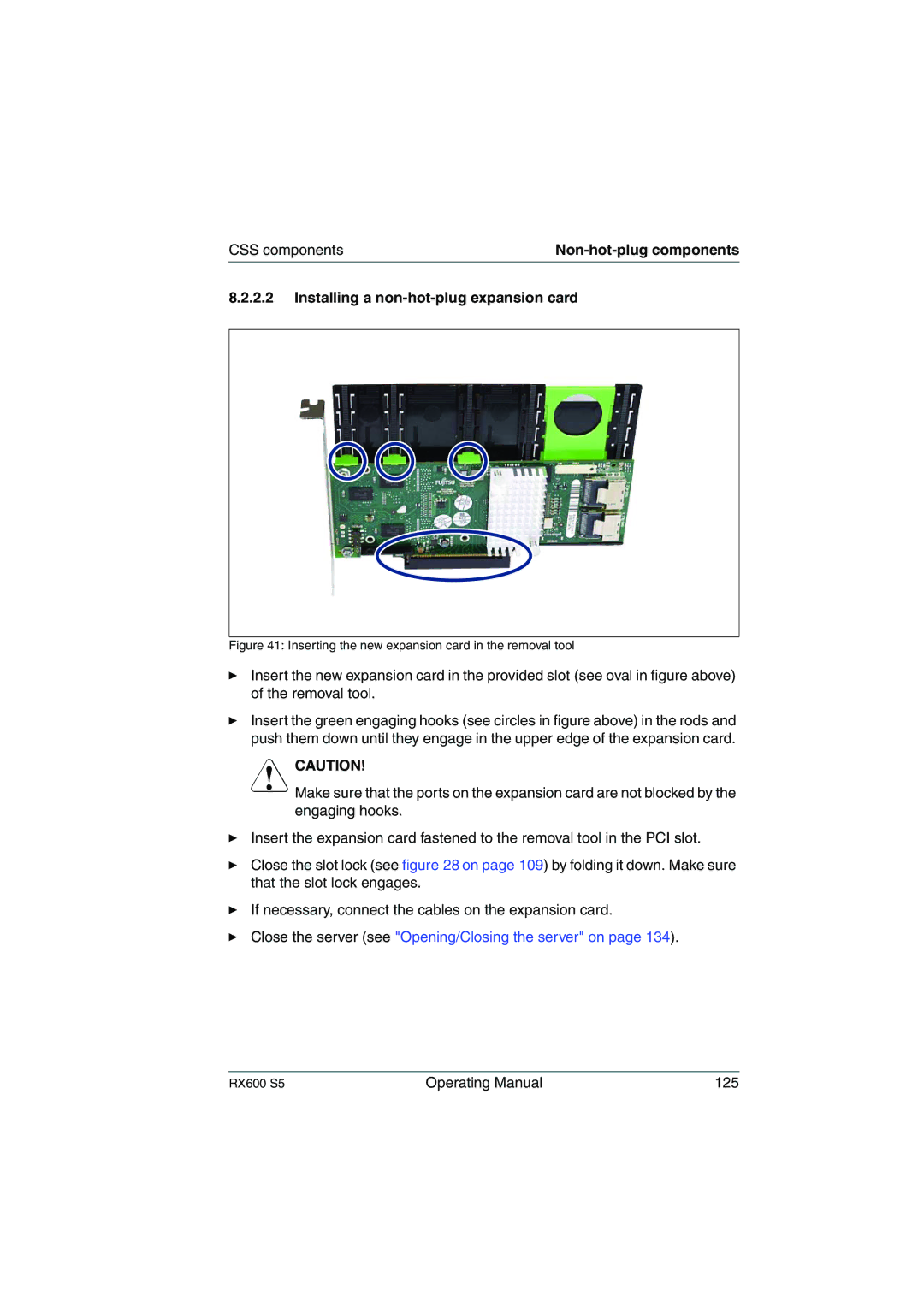 Fujitsu RX600 S5 manual Installing a non-hot-plug expansion card, Inserting the new expansion card in the removal tool 