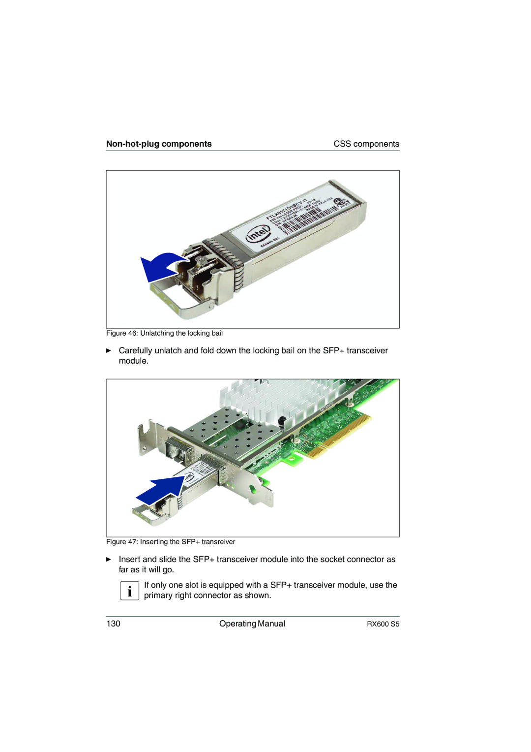 Fujitsu RX600 S5 manual Inserting the SFP+ transreiver 