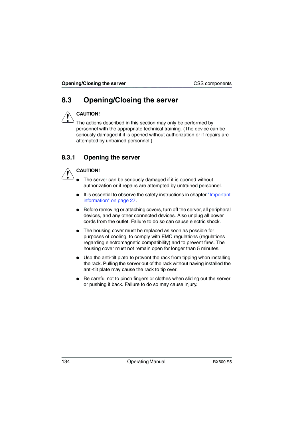 Fujitsu RX600 S5 manual Opening/Closing the server, Opening the server 