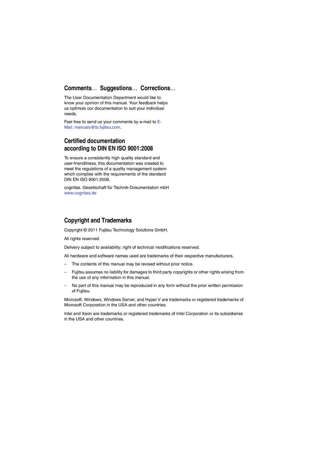 Fujitsu RX600 S5 manual Comments… Suggestions… Corrections…, Copyright and Trademarks 