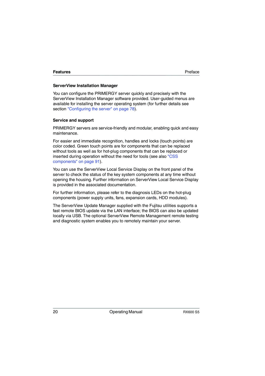 Fujitsu RX600 S5 manual Features Preface ServerView Installation Manager, Service and support 