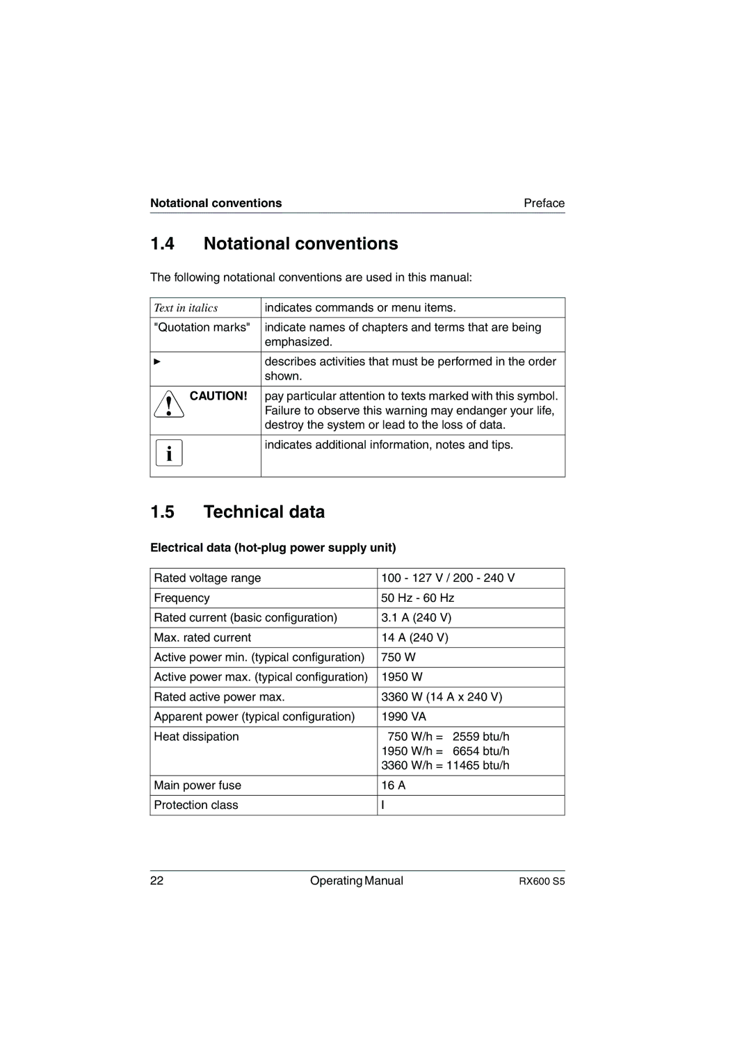 Fujitsu RX600 S5 manual Technical data, Notational conventions Preface, Electrical data hot-plug power supply unit 