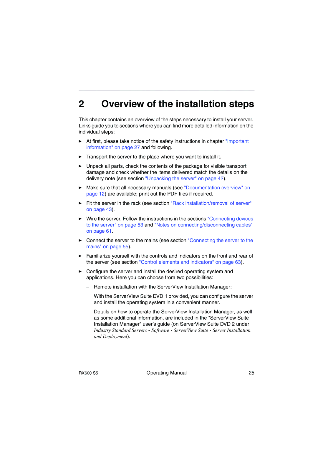 Fujitsu RX600 S5 manual Overview of the installation steps 