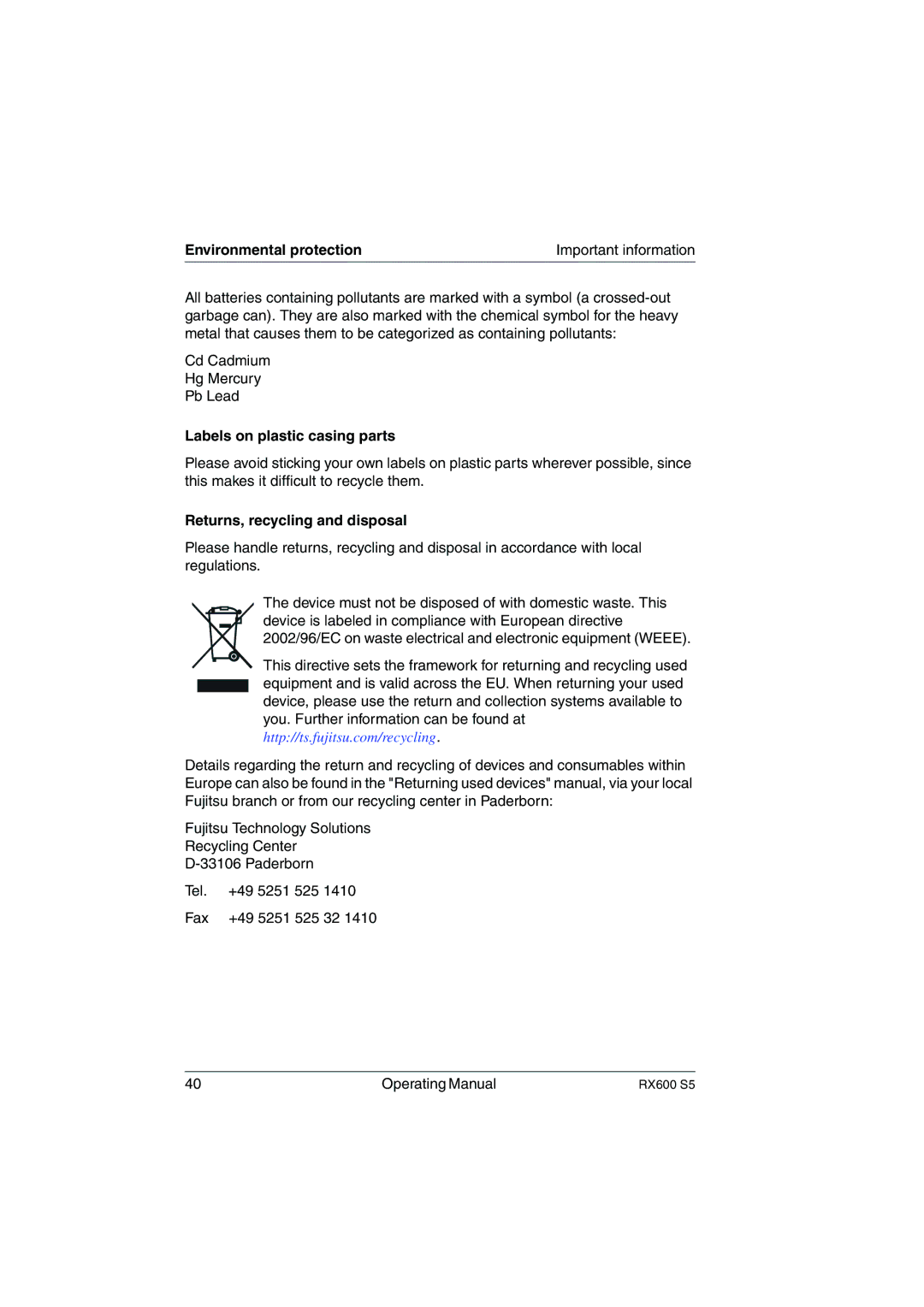 Fujitsu RX600 S5 manual Environmental protection, Labels on plastic casing parts, Returns, recycling and disposal 