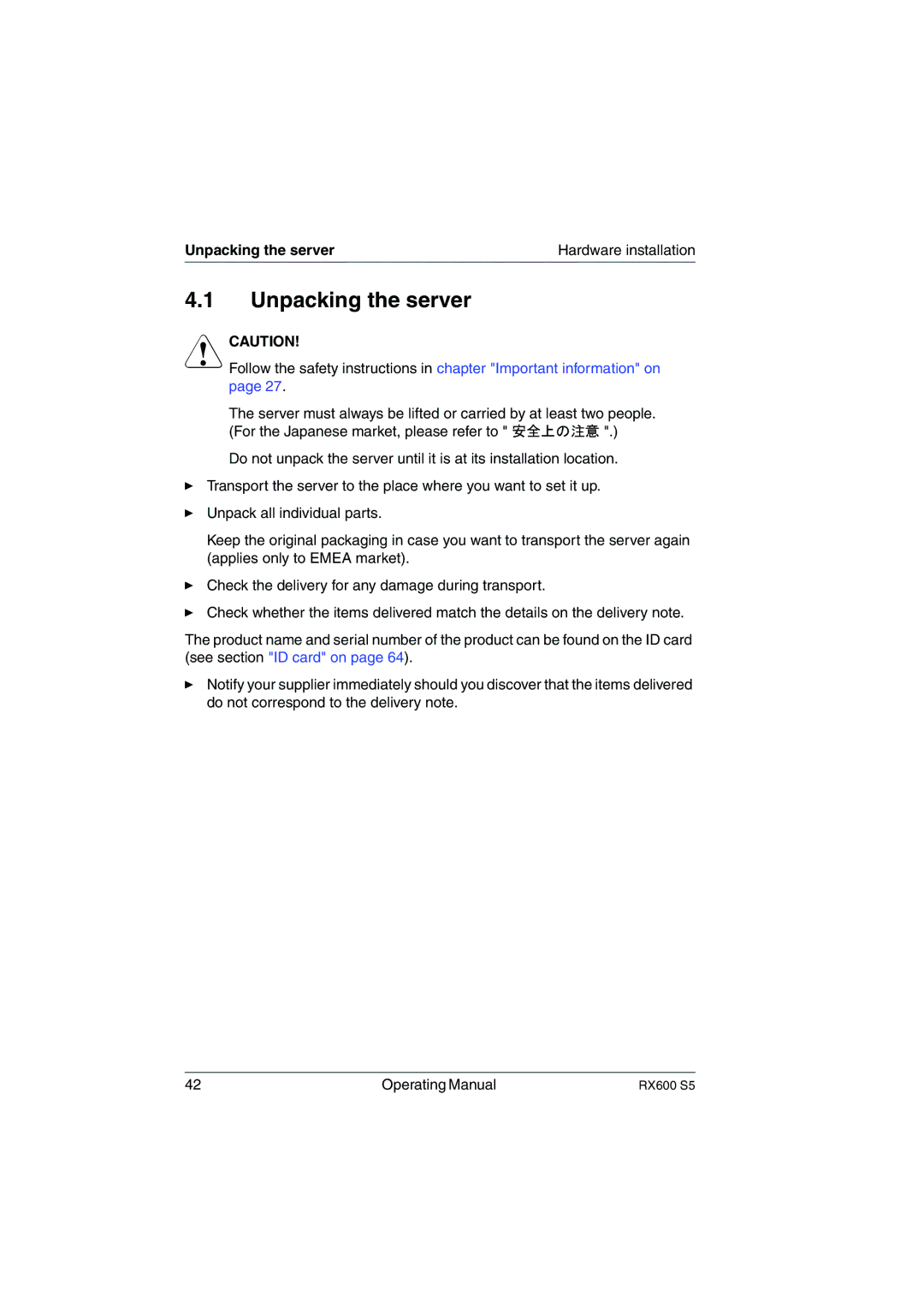 Fujitsu RX600 S5 manual Unpacking the server 