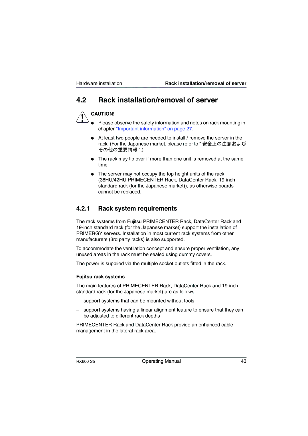 Fujitsu RX600 S5 manual Rack installation/removal of server, Rack system requirements, Hardware installation 