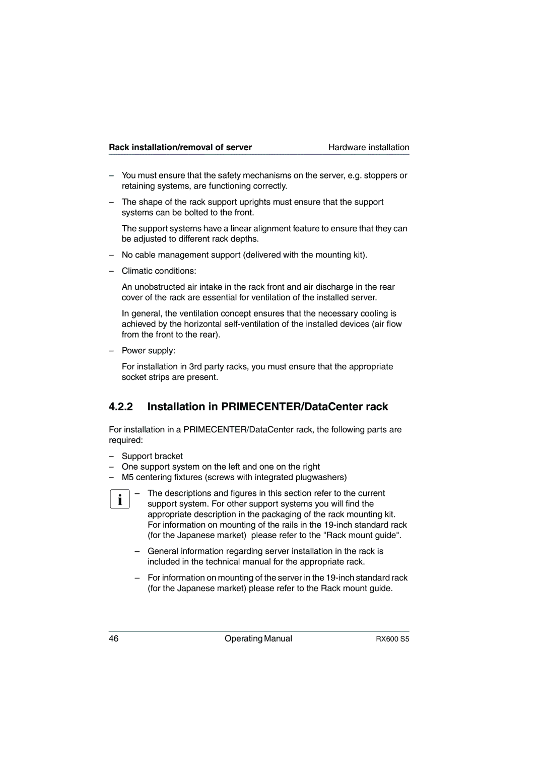 Fujitsu RX600 S5 manual Installation in PRIMECENTER/DataCenter rack 