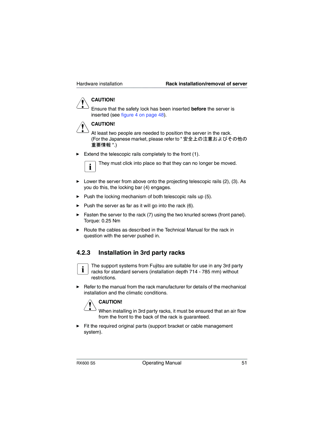 Fujitsu RX600 S5 manual Installation in 3rd party racks, For the Japanese market, please refer to 安全上の注意およびその他の 重要情報 