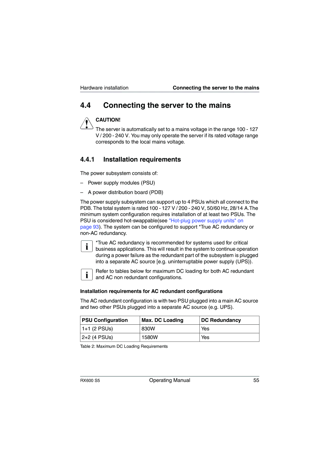 Fujitsu RX600 S5 manual Connecting the server to the mains, Installation requirements 