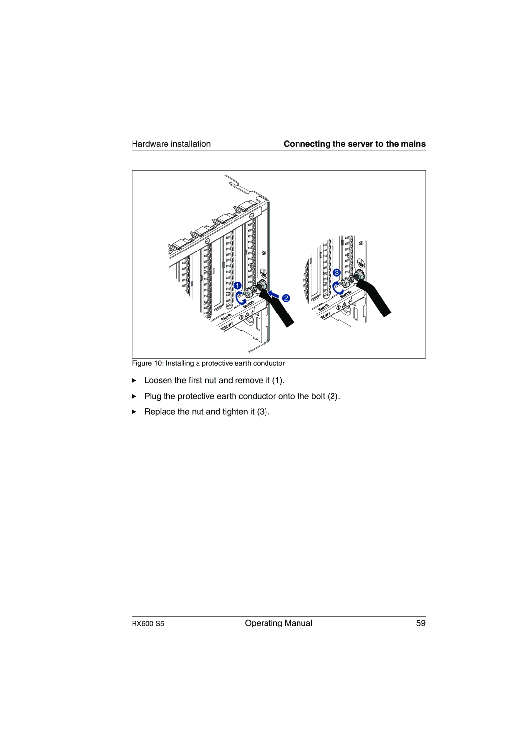 Fujitsu RX600 S5 manual Photo shows installation of a protective earth conductor 