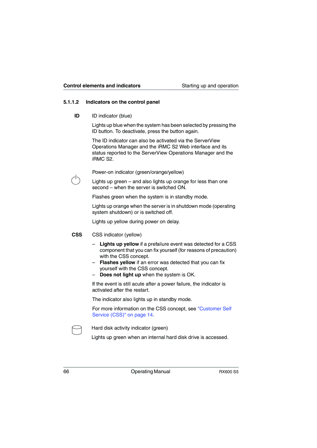 Fujitsu RX600 S5 manual Control elements and indicators, Indicators on the control panel 