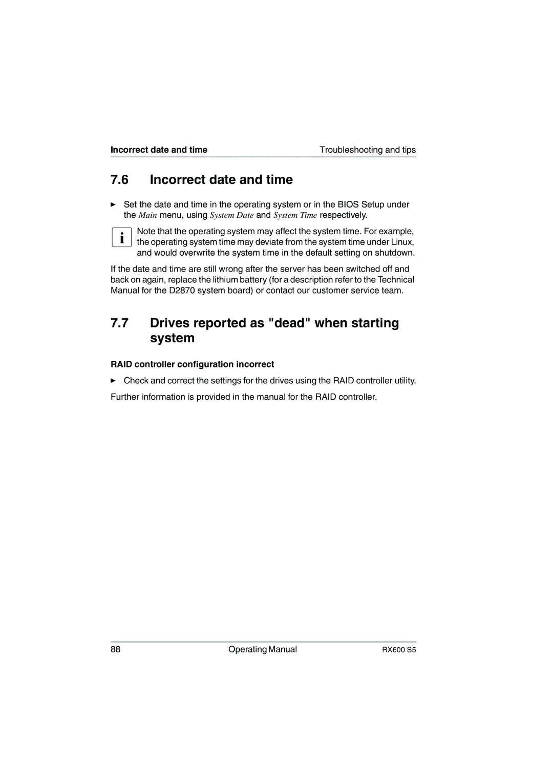 Fujitsu RX600 S5 manual Incorrect date and time, Drives reported as dead when starting system 