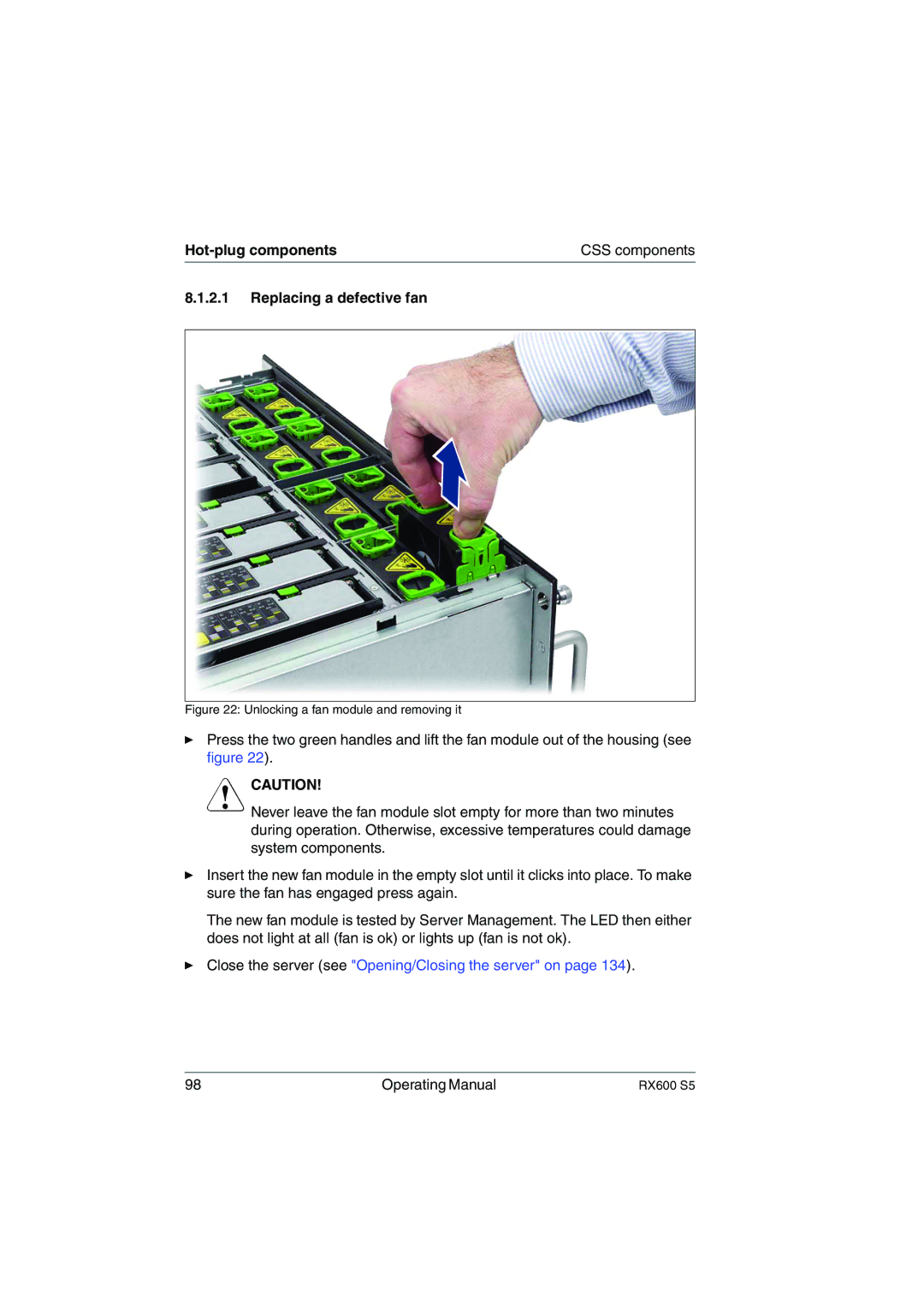 Fujitsu RX600 S5 manual Replacing a defective fan, Unlocking a fan module and removing it 